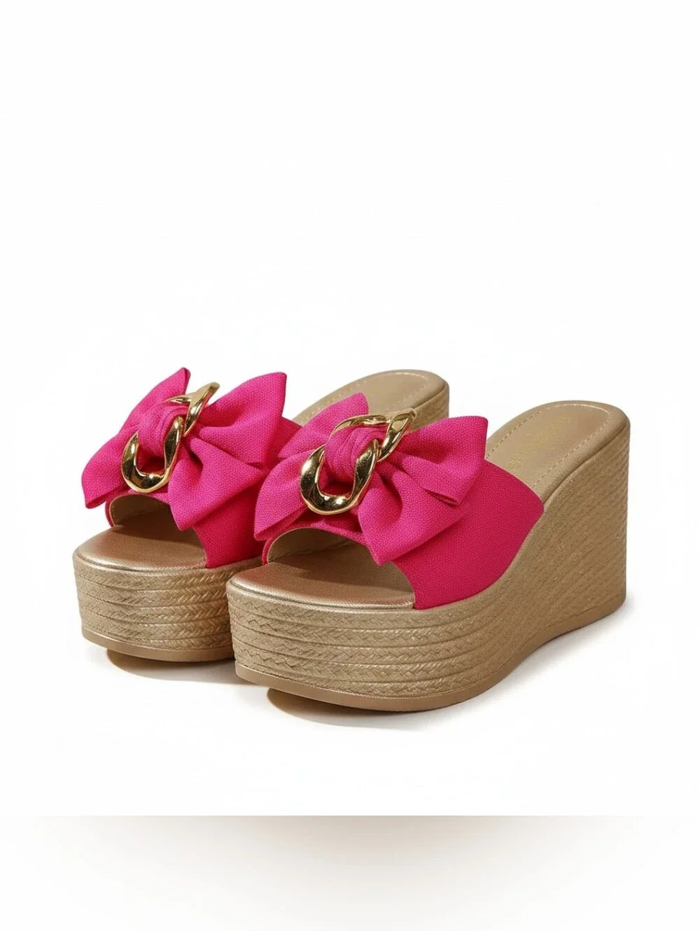 Gold Chain Oversized Bow Platform Open Toe Shoe Slip On Coquette Sandal Hot Pink